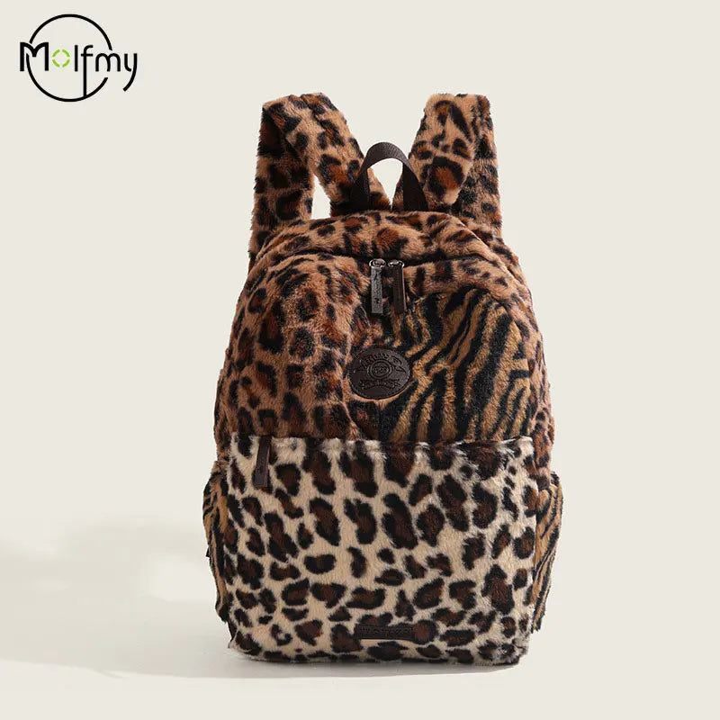 Mochila con estampado de leopardo, mochila de cabina de avión a la moda, bolso escolar de gran capacidad, bolsas suaves de felpa versátiles, Mochilas para Mujer 2025