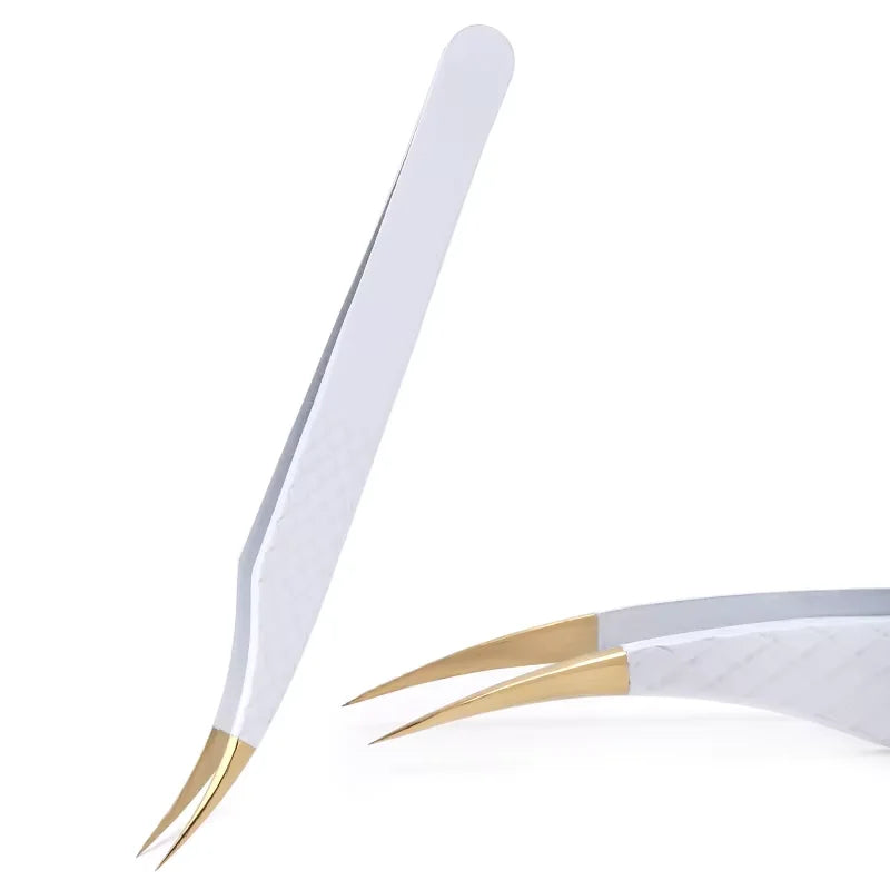 Pinzas de Precisión Antiestáticas de Acero Inoxidable Blanco-Dorado para Extensión de Pestañas, Juego de Herramientas de Maquillaje y Belleza para Cejas
