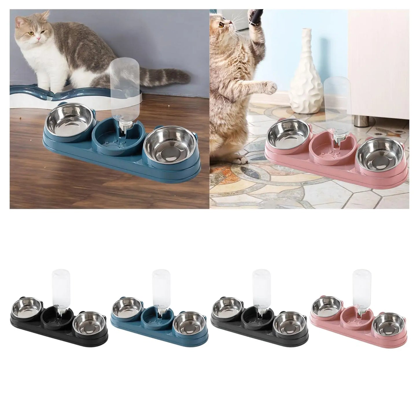Cuenco triple para gatos, cuenco para comida y agua para mascotas, inclinado a 15 ° , 3 en 1, para húmedo y