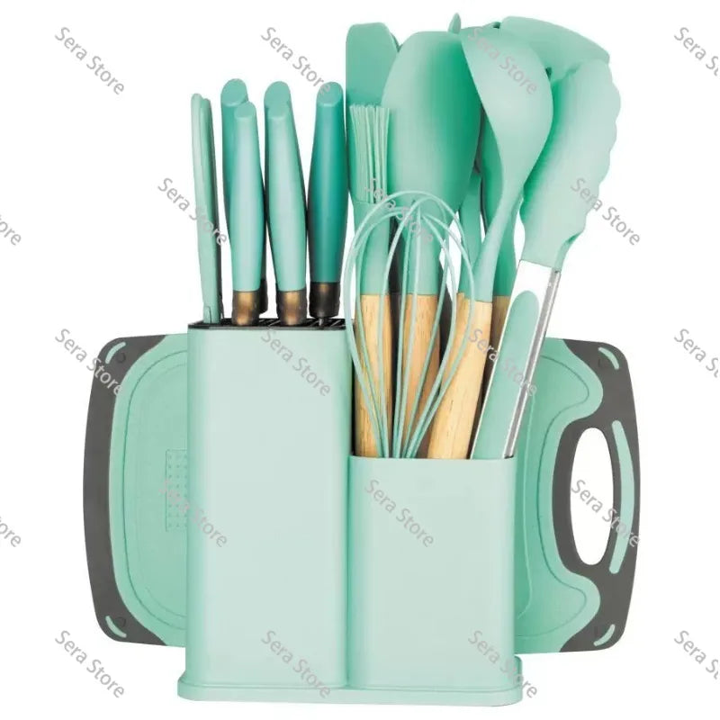 Juego de Utensilios de Cocina de Silicona de 19 Piezas, Sartén Antiadherente, Espátula para Cocinar con Cubo de Almacenamiento, Juego Combinado de Cuchillos