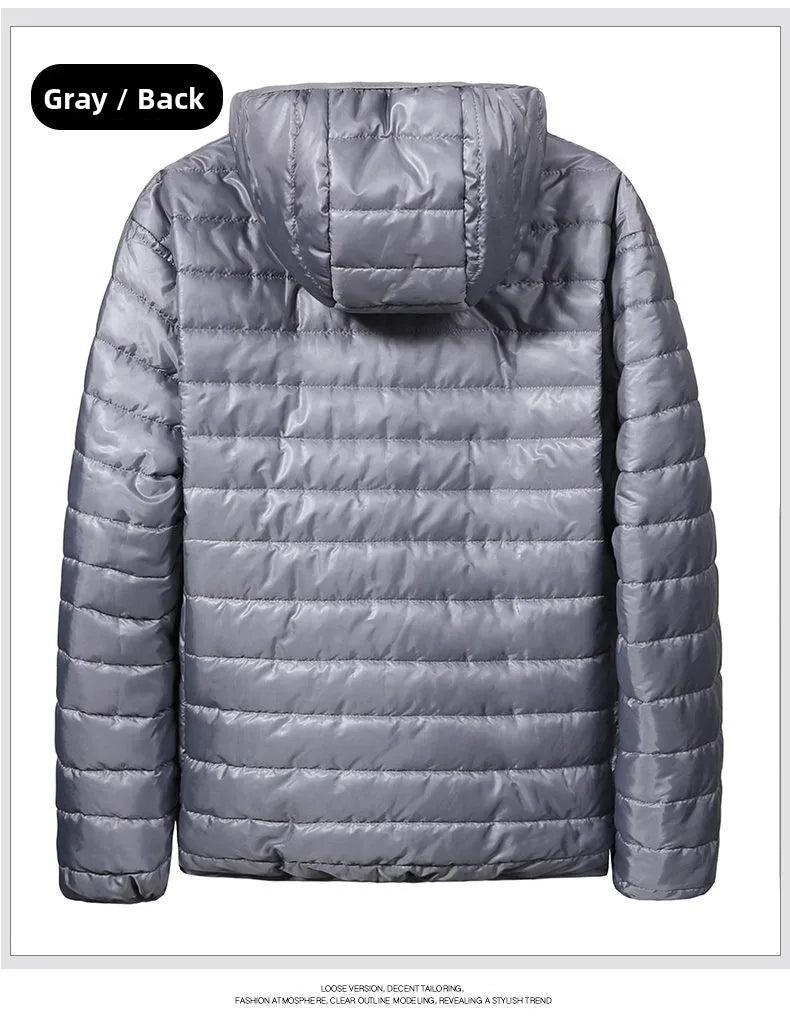 Chaqueta de plumón ligera para hombre, estilo nuevo de otoño-invierno, tipo abrigo acolchado, con cierre de cremallera y capucha, de fibra de poliéster.