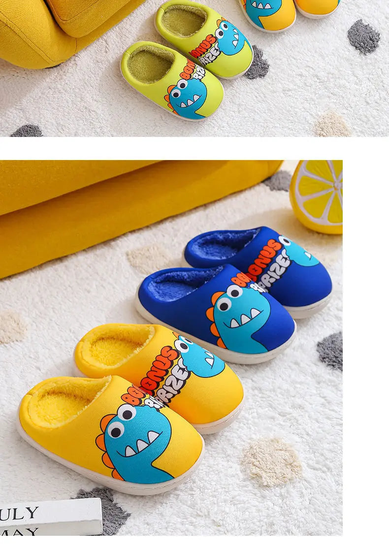Zapatillas con patrón de dinosaurio de dibujos animados para niños y niñas, bonitos zapatos de felpa, zapatos cálidos adecuados para interiores de otoño e invierno