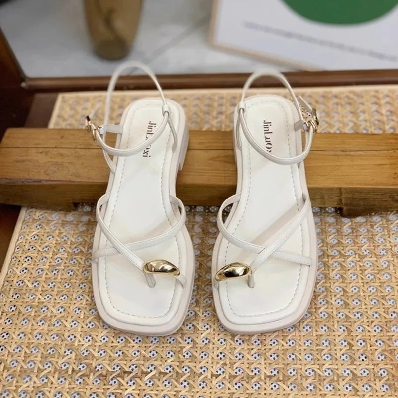 Sandalias de tacón alto para mujer, novedad de verano 2025, Sandalias sólidas informales y deportivas cómodas de tacón bajo para niñas, Sandalias para mujer