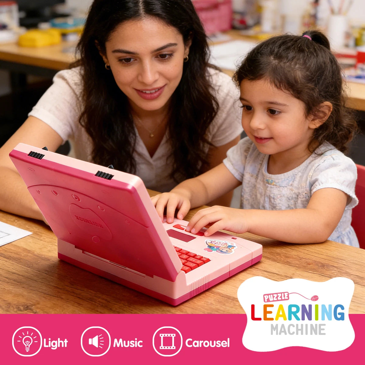 Juguete de Computadora Portátil Rosa para Niños – Computadora Educativa Interactiva con Música, Luces y Ratón para el Desarrollo Temprano
