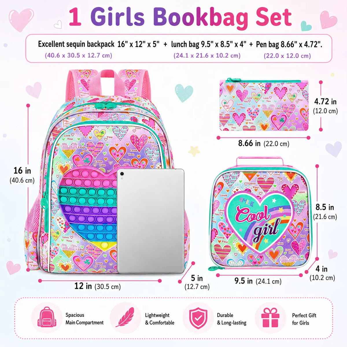 Juego de 3 Piezas de Mochila Pop It Fidget para Niñas con Lonchera, Estuche para Lápices y Llavero con Pompones, Regalo de Útiles Escolares para Niños