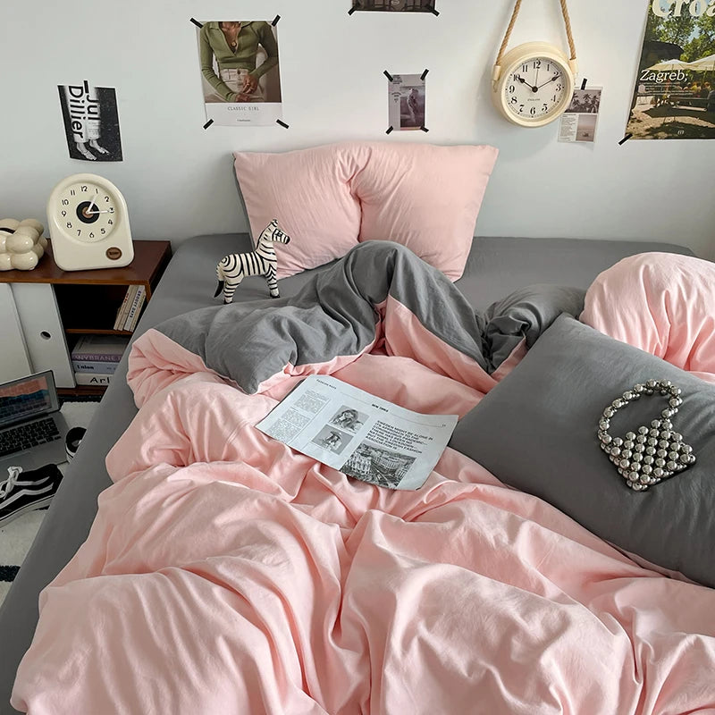 Funda nórdica de poliéster para dormitorio, juego de ropa de cama de 3 piezas, Color liso, rosa y gris, 2 fundas de almohada