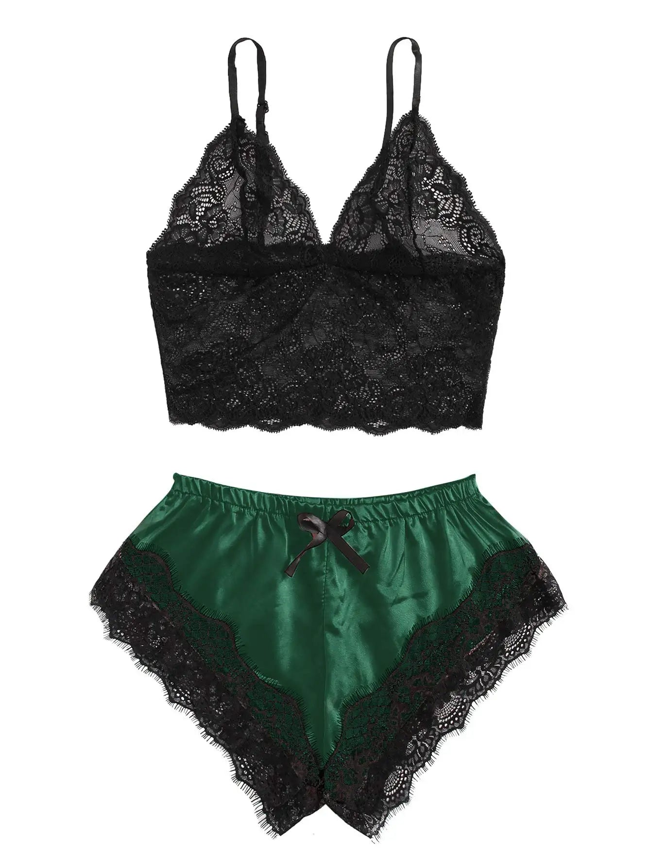 Conjunto de pijama de encaje sexy de 2 piezas para mujer Bralette transparente Cami Top y pantalones cortos Ropa de dormir transpirable Lencería de verano de talla grande