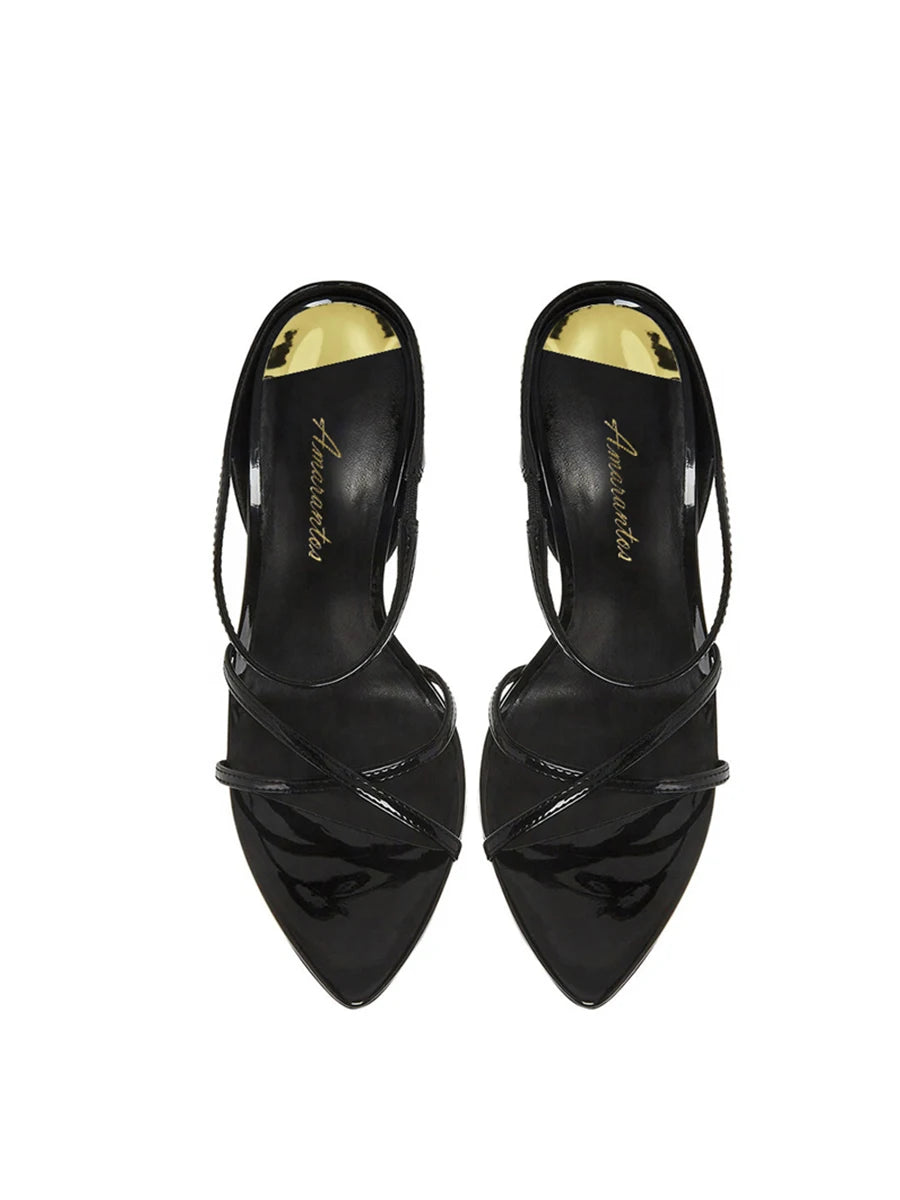 Sandalias de Tacón Delgado Negras Estilo Celebridad con un Toque Femenino, Tira Cruzada Puntiaguda, Suela Roja, Tacones Altos, Sandalias Abiertas