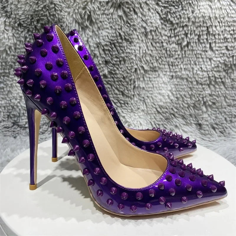New Sexy Purple Inlaid Fashion High Heels Pink Rivet Professional Office Women's Shoes 12cm Large Temperament Single Shoes