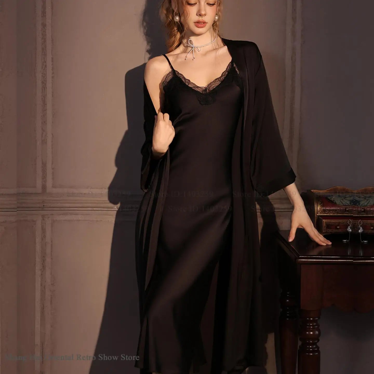 Conjunto de bata Twinset elegante para mujer, bata de baño tipo kimono largo, camisón de encaje Sexy, lencería, ropa de dormir nueva para primavera y otoño, vestido para casa