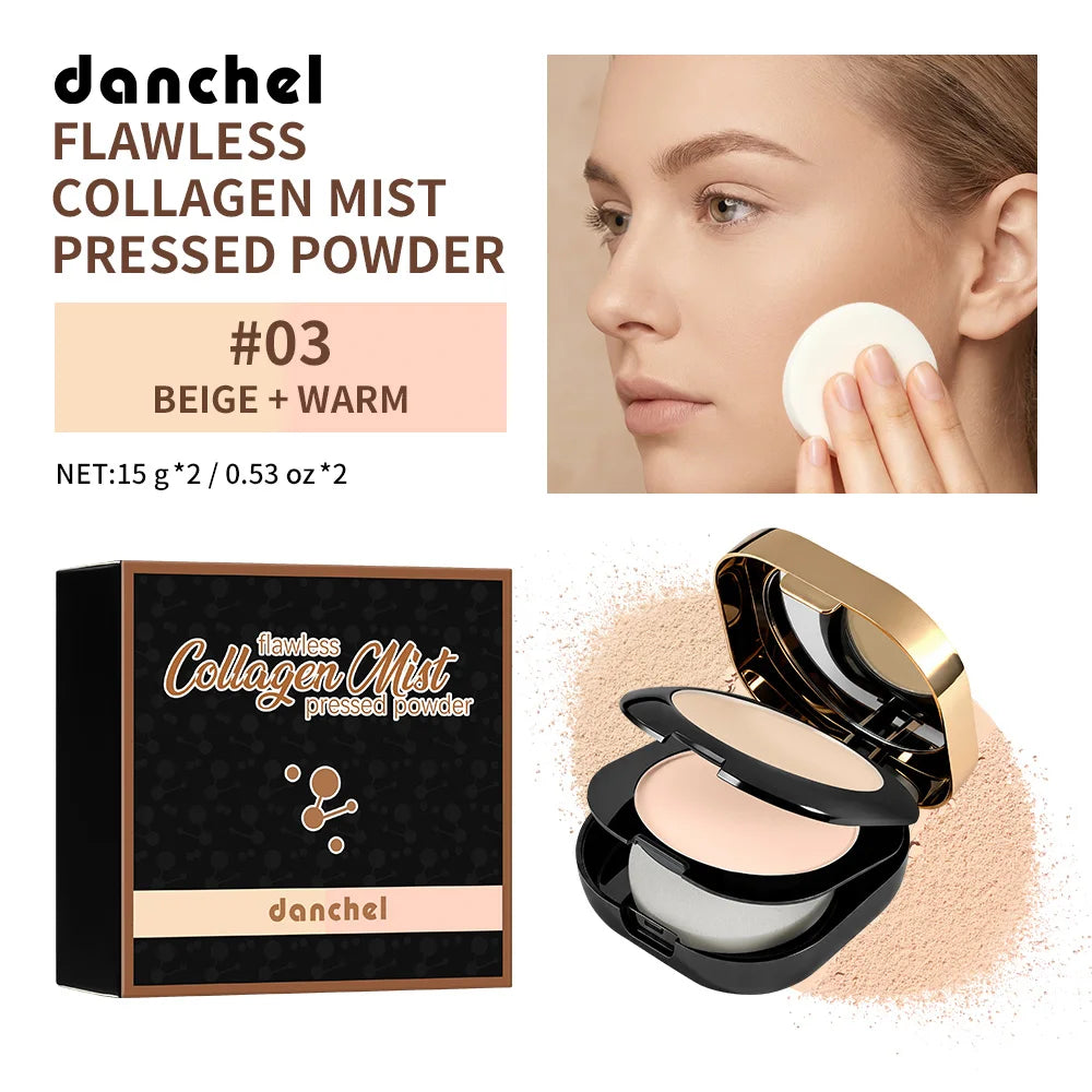 Polvo Compacto de Colágeno de Doble Capa, Control de Grasa, Acabado Mate, Maquillaje Facial de Larga Duración, Contorno e Iluminador para Mujeres, Belleza Diaria