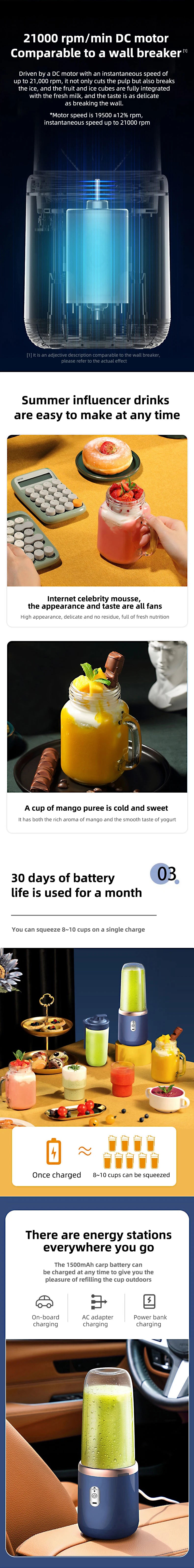 Licuadora Portátil Eléctrica con 6 Cuchillas, Multifuncional, para Jugos, Smoothies, Hielo y Procesamiento de Alimentos