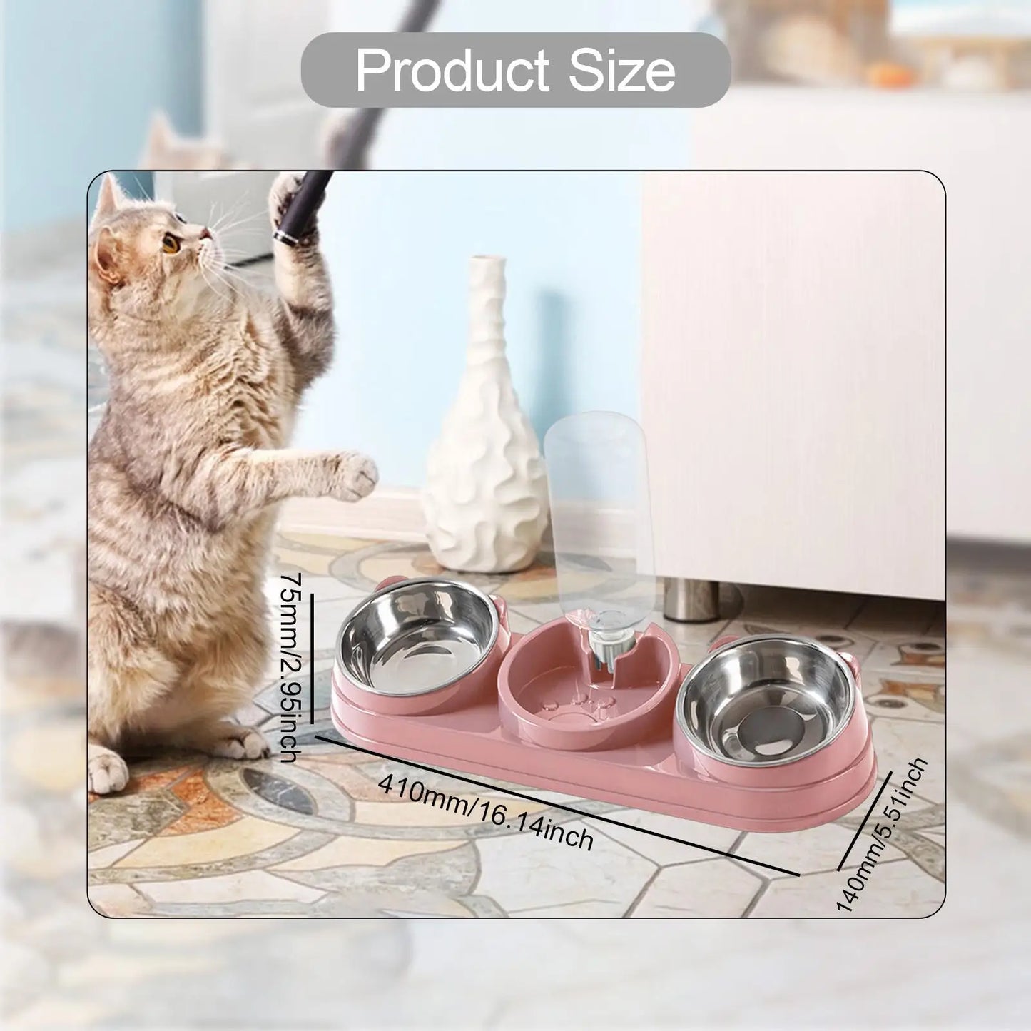 Cuenco triple para gatos, cuenco para comida y agua para mascotas, inclinado a 15 ° , 3 en 1, para húmedo y