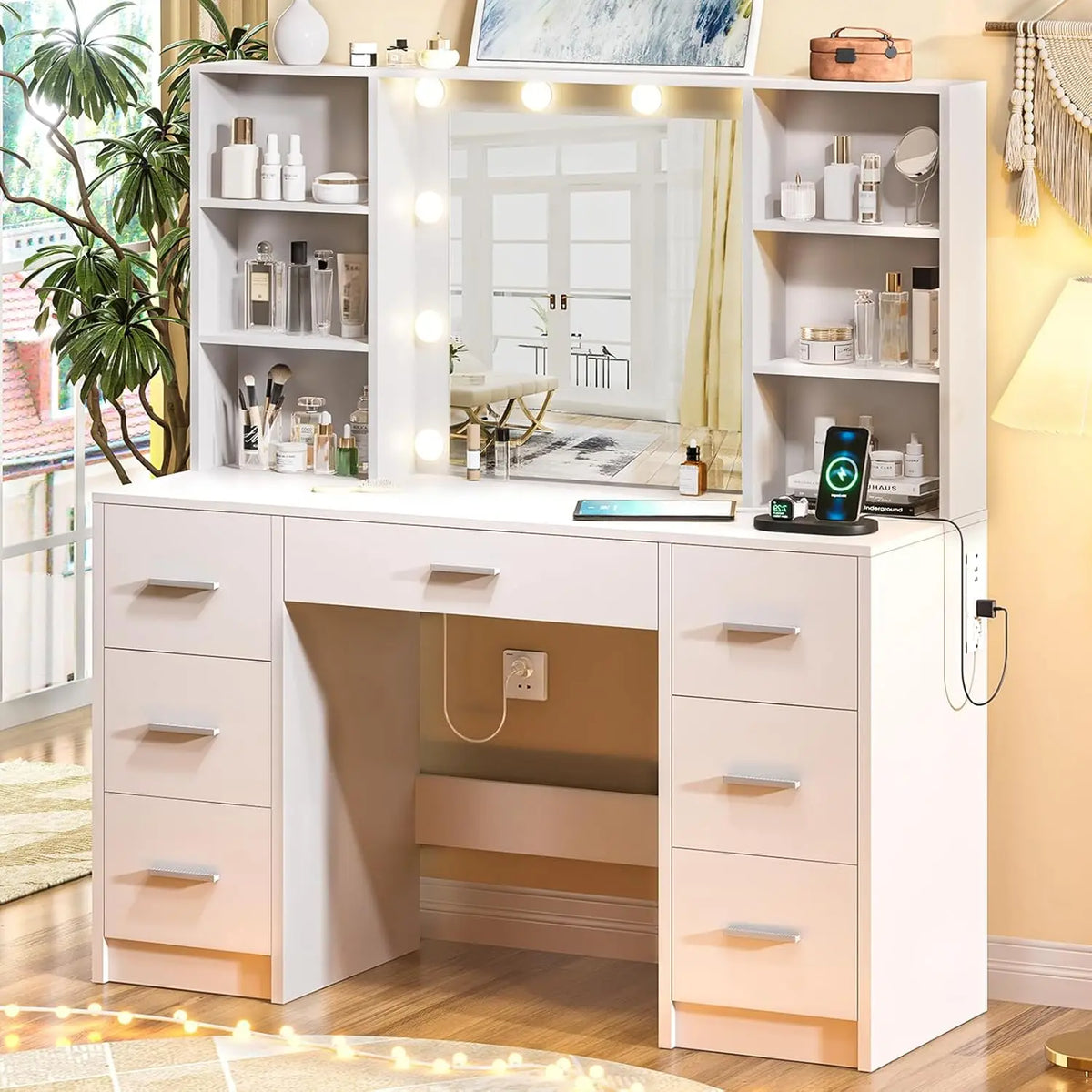 Tocador con Espejo Grande y 10 Luces LED, Escritorio de Tocador con Cubierta de Cristal, 11 Cajones con Tiradores de Cristal, Mesa de Maquillaje, Personalizable