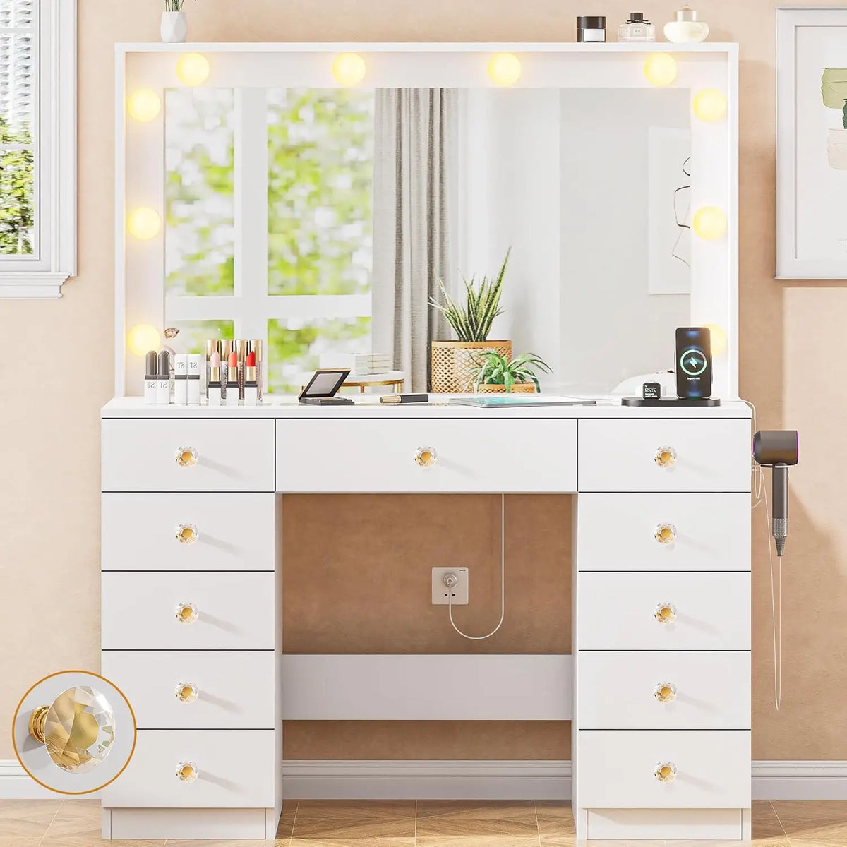 Tocador con Espejo Grande y 10 Luces LED, Escritorio de Tocador con Cubierta de Cristal, 11 Cajones con Tiradores de Cristal, Mesa de Maquillaje, Personalizable