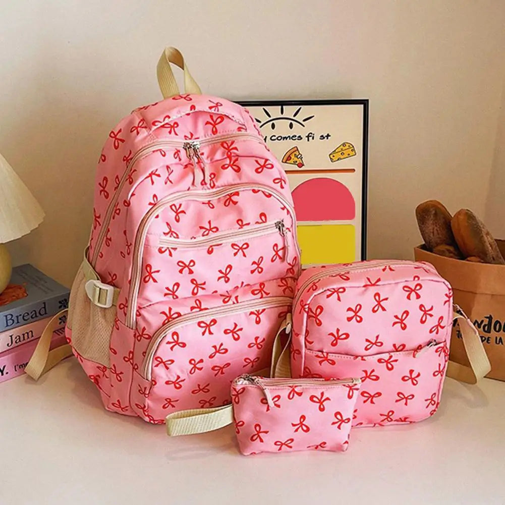 Conjunto de mochila de 3 uds., mochila con lazo de gran capacidad, bolso escolar de nailon con estampado de lazo, mochila para estudiantes con correa ajustable