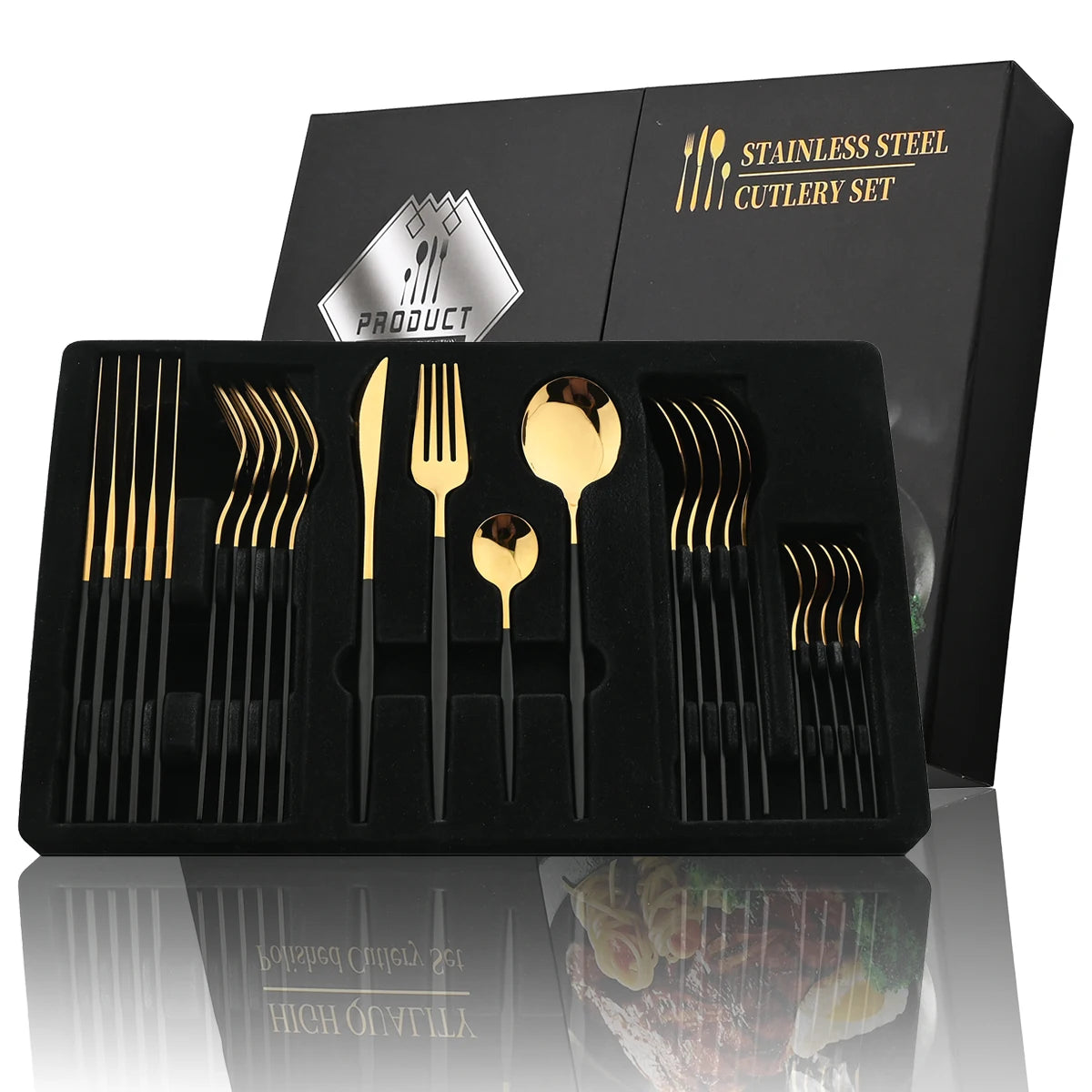 Juego de cubiertos dorados con mango negro, 24 Uds., cuchillo de acero inoxidable, tenedor, cuchara, vajilla, juego de cubiertos, vajilla de cocina para Festival, regalo