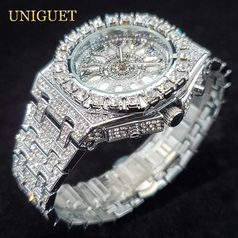 Reloj de lujo para hombre, relojes de cuarzo con diamantes helados para hombre, reloj de mano de Hip Hop con circonita brillante, reloj luminoso resistente al agua para hombre