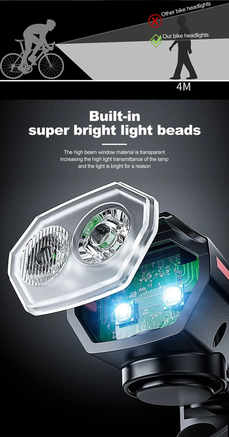 Luz Solar para bicicleta con bocina, 120dB, TYPE-C, carga rápida, lámpara frontal para bicicleta de montaña y carretera, linterna para bicicleta de 1200 mah