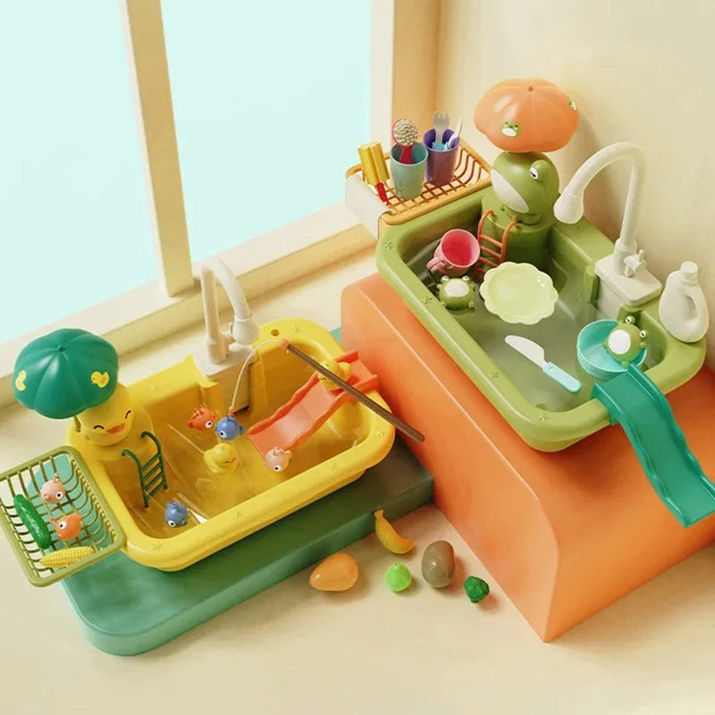 Juguetes de fregadero de cocina para niños, lavavajillas eléctrico, juguete con agua corriente, juego de simulación de comida, juguete de pesca, juego de rol, regalo para niñas