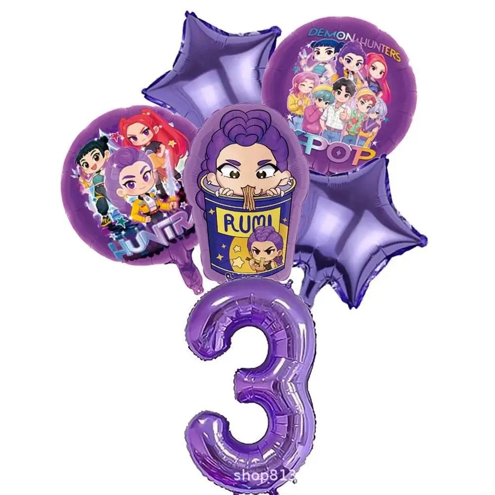 Set de Globos de Aluminio K-Pop para Grupo de Chicas, Números del 1 al 9 y Globos de Estrellas Púrpuras, Adornos para Pastel para Fiestas de Cumpleaños y Accesorios para Fotos