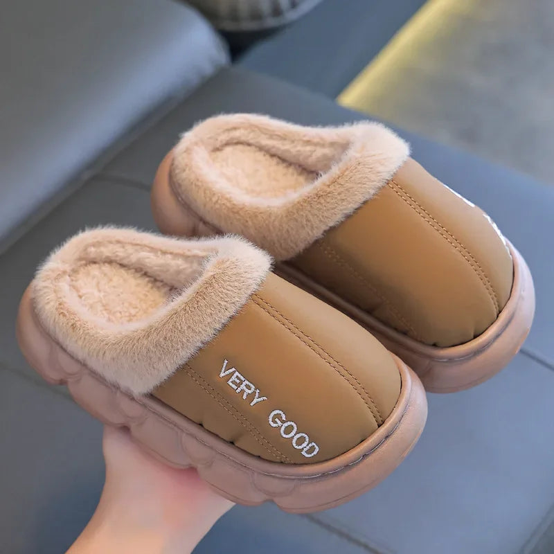 Zapatillas antideslizantes impermeables para niños, zapatos de casa de felpa cálidos para invierno para niños y niñas, uso doméstico en interiores y exteriores