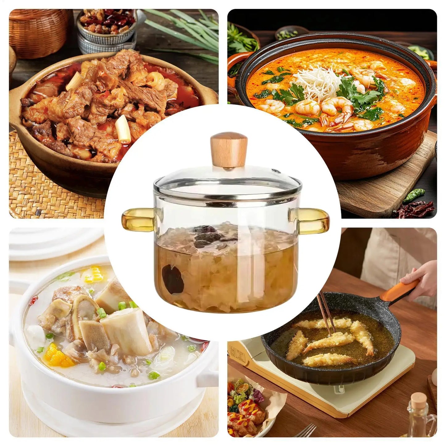Olla de Vidrio de 1600 ml, Transparente, Resistente al Calor, Calentamiento Rápido, Olla de Vidrio para Cocinar, Olla para Estufa de Gas, Olla de Vidrio de Borosilicato Alto