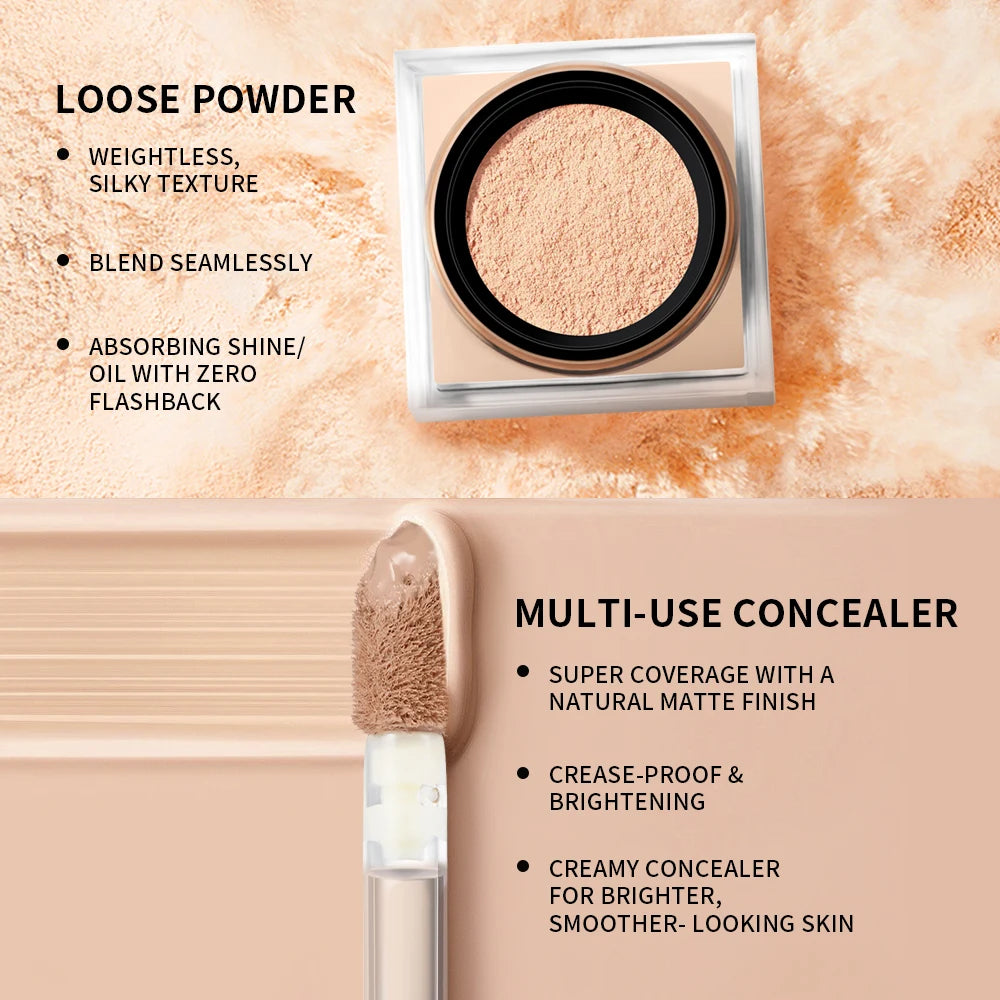 Juego de maquillaje facial de 2 piezas con corrector y polvo fijador suelto, acabado mate natural para el rostro, cosméticos para mujer, maquillaje coreano