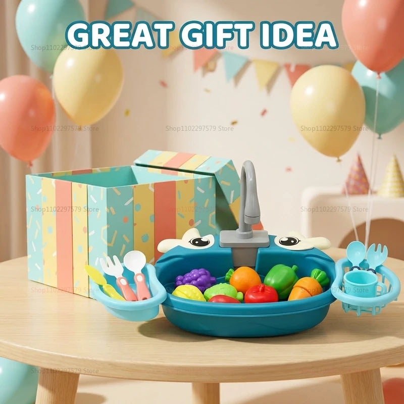 Juego de Cocina Infantil con Fregadero Simulado, Lavabo y Circulación de Agua Eléctrica, Juguete para Niños y Niñas, Juego de Roles