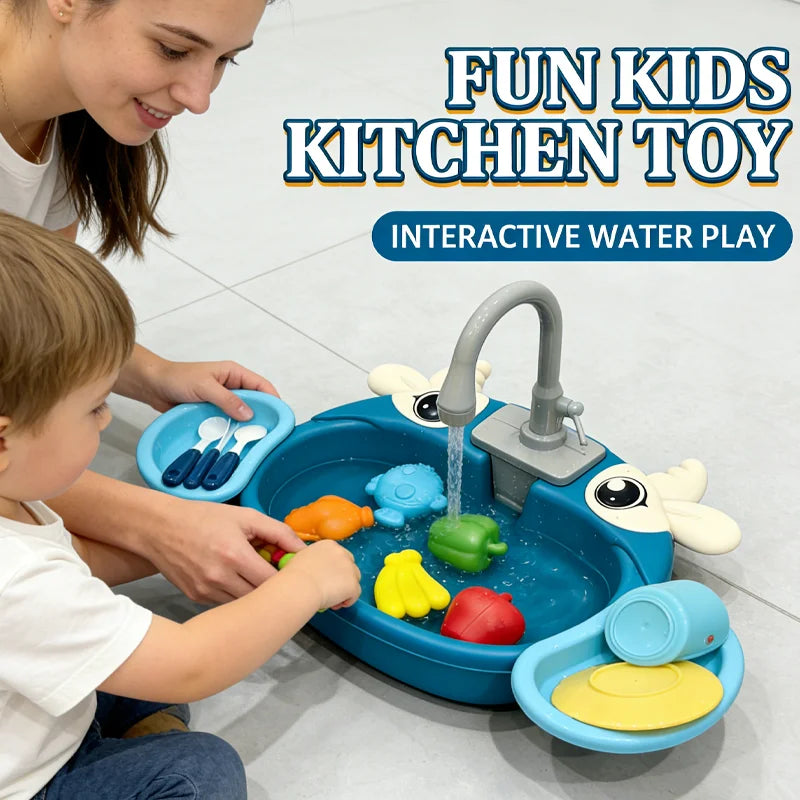 Juego de Cocina Infantil con Fregadero Simulado, Lavabo y Circulación de Agua Eléctrica, Juguete para Niños y Niñas, Juego de Roles