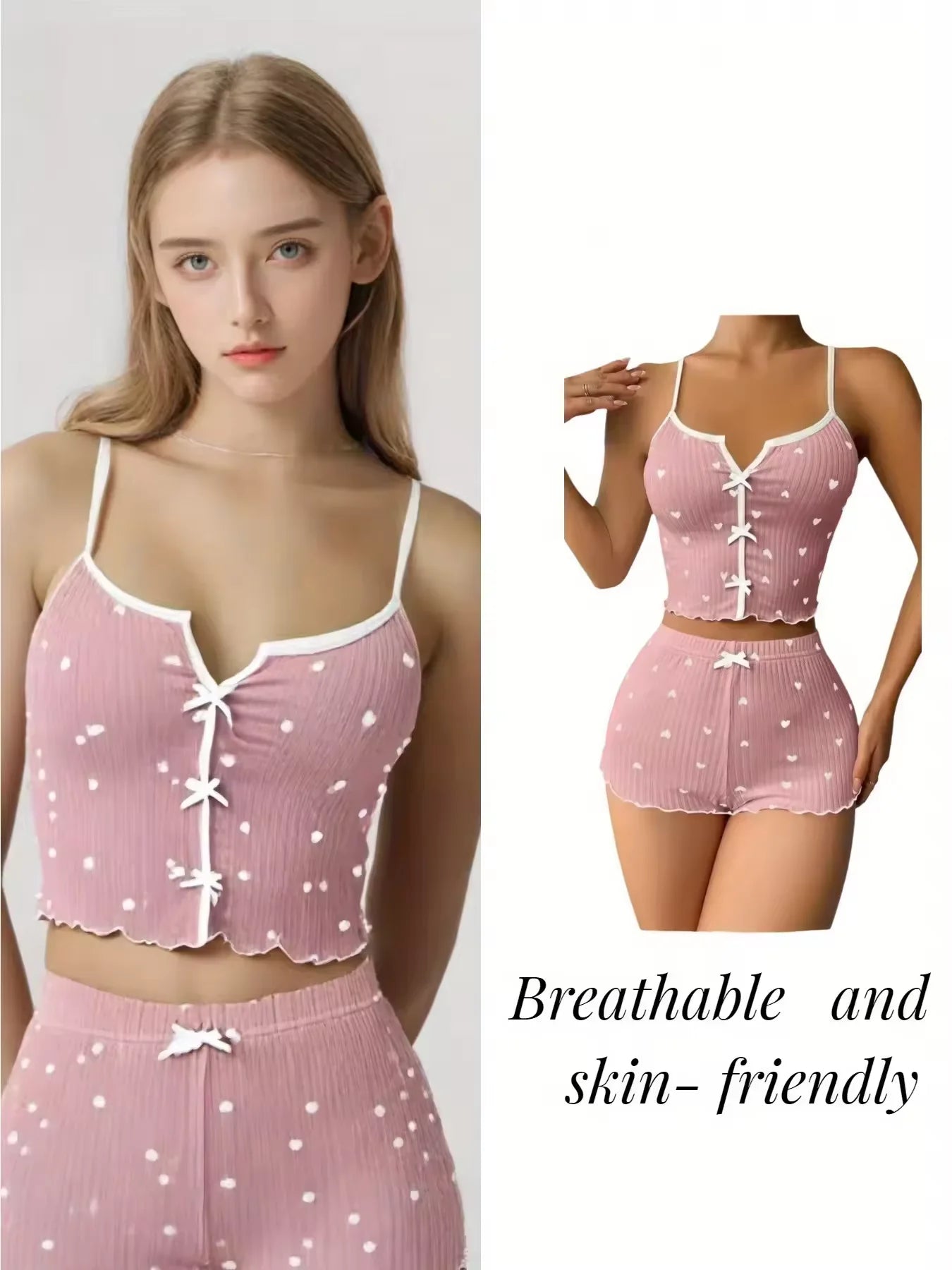 Ropa de dormir Sexy para mujer, conjunto de pijamas con estampado de corazón de seda, cuello en V, sin mangas, camisola informal, conjuntos de Top y pantalones cortos, traje para casa, ropa de descanso