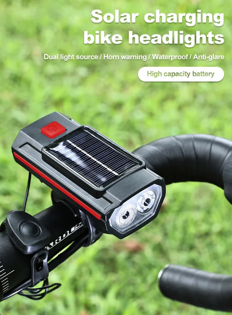 Luz Solar para bicicleta con bocina, 120dB, TYPE-C, carga rápida, lámpara frontal para bicicleta de montaña y carretera, linterna para bicicleta de 1200 mah