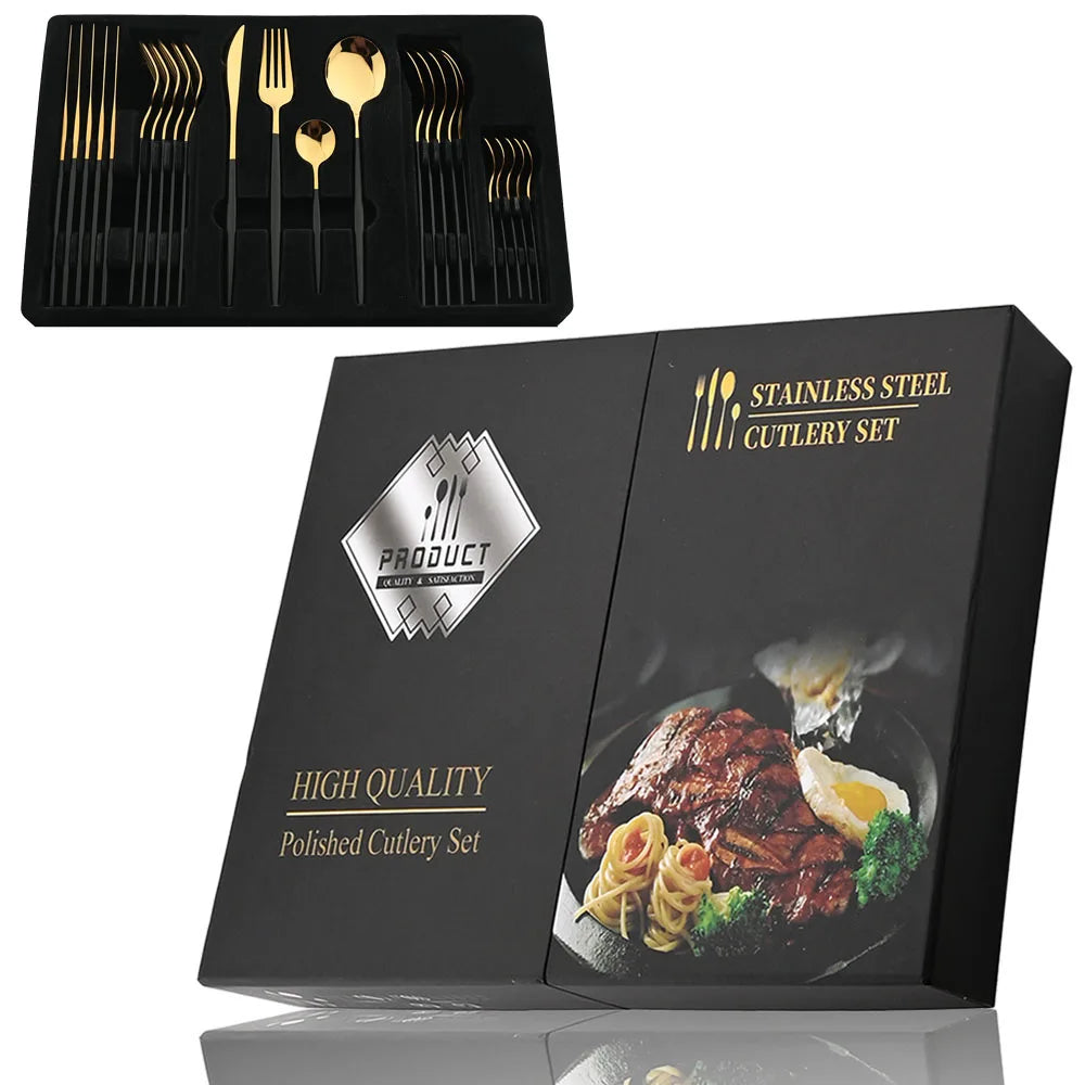 Juego de cubiertos dorados con mango negro, 24 Uds., cuchillo de acero inoxidable, tenedor, cuchara, vajilla, juego de cubiertos, vajilla de cocina para Festival, regalo