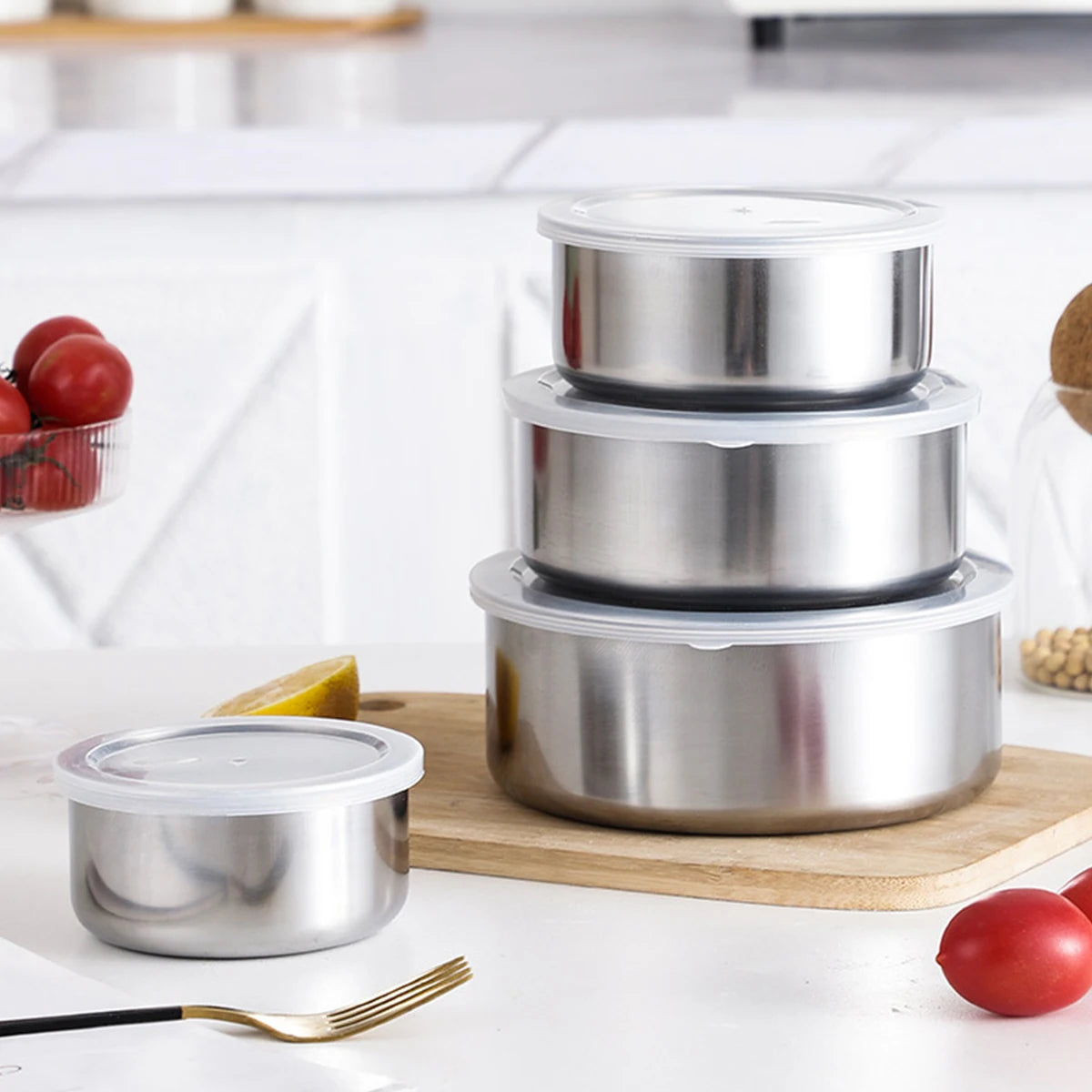 Juego de cuencos para mezclar con tapas herméticas, juego de cuencos anidados de acero inoxidable, almacenamiento de cocina, contenedores de alimentos, cubertería, 5 uds.