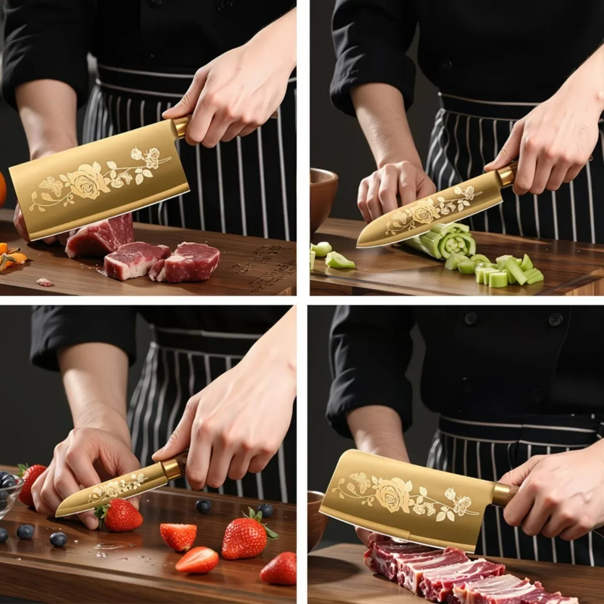 Juego de cuchillos de cocina de lujo dorados, ultra afilados, con hoja de acero inoxidable de primera calidad con revestimiento de titanio y mango de madera para cocinar, 4 piezas