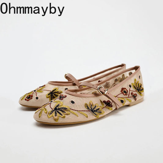 2026 zapatos Mary Jane bordados de primavera para mujer, zapatos de suela blanda transpirables para exteriores, zapatos planos de Ballet cómodos sin cordones para mujer