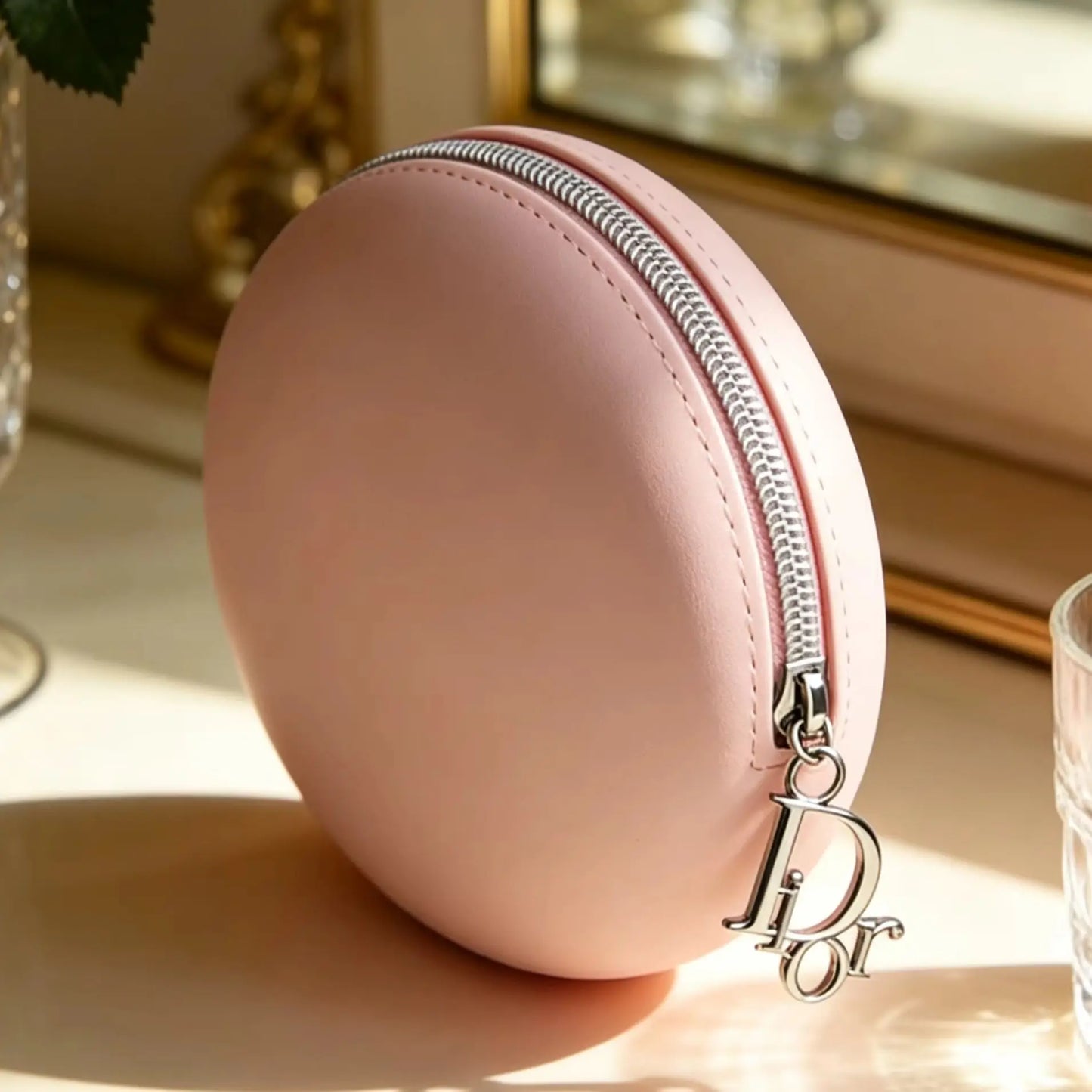 Bolso Christian Dior, bolso de maquillaje de silicona redondo rosa de lujo para mujer, organizador de cosméticos portátil para viaje, pequeño organizador de cosméticos de silicona suave
