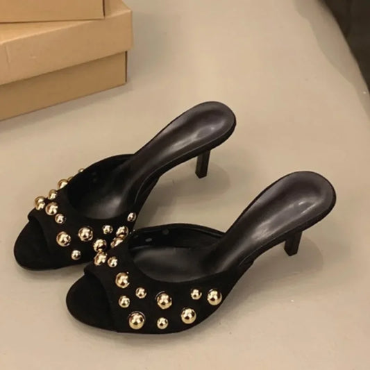 Novedad tacones finos Peep Toes Sandalias De Mujer cristal dedos cuadrados Slip On Mujer zapatillas sólido charol Zapatos Mujer 42