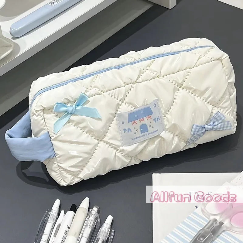 Bolsa de lápices con lazo azul y blanco, bolsa de papelería de gran capacidad, bolsa de almacenamiento de viaje, bolsas de cosméticos para mujer, estuche de lápices con diseño bonito para niñas
