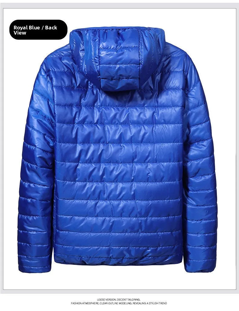 Chaqueta de plumón ligera para hombre, estilo nuevo de otoño-invierno, tipo abrigo acolchado, con cierre de cremallera y capucha, de fibra de poliéster.
