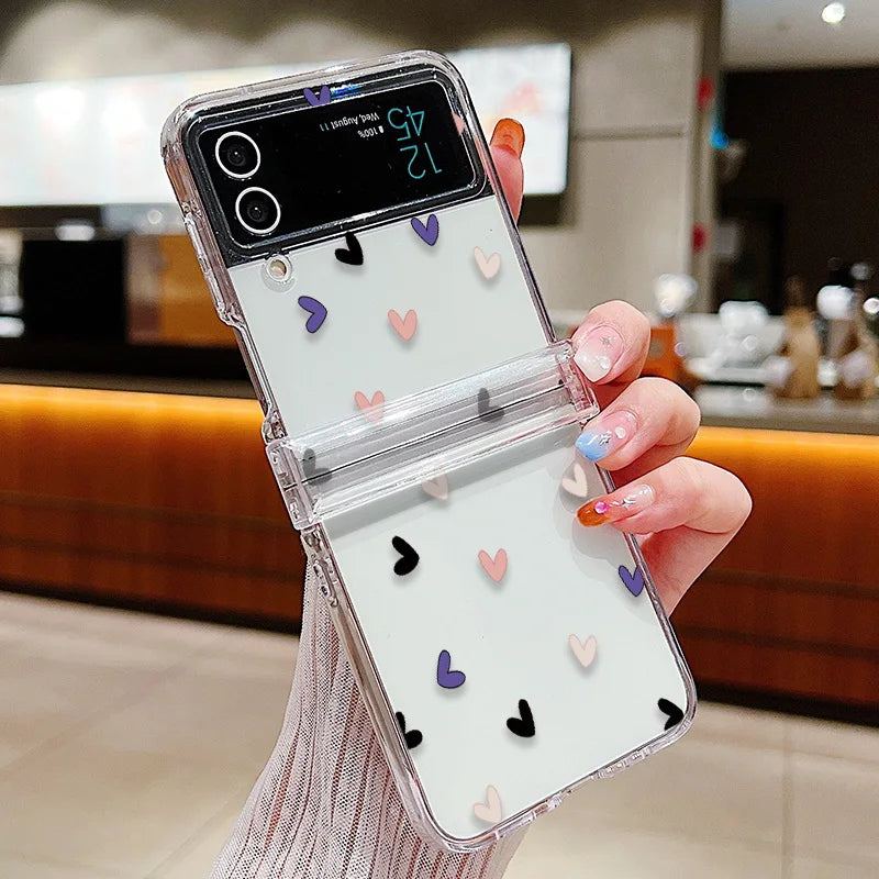 Funda de teléfono transparente con diseño de flor de amor para Samsung Galaxy Z Flip7 FE Flip 7 6 5 4 3 5G Flip5 Flip6, funda dura para PC a prueba de golpes