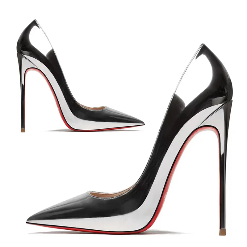 Tacones altos plateados, tacones delgados para mujer, nuevos zapatos individuales puntiagudos de boca poco profunda, zapatos de banquete de gran tamaño con espejo