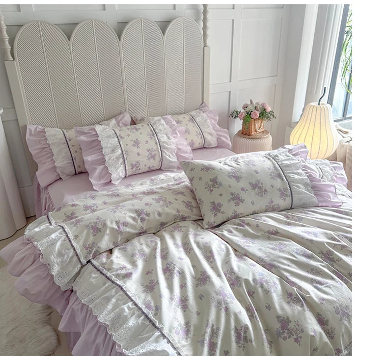Juego de Ropa de Cama de Algodón 100% con Volantes de Encaje de Doble Capa y Diseño Floral Rosa, Incluye Funda Nórdica, Sábana, Falda de Cama, Sábana Ajustable y Fundas de Almohada (4 Piezas)