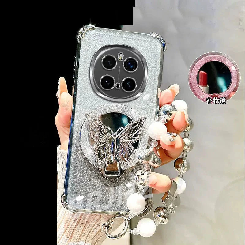 Funda Magnética Antigolpes con Espejo para Realme 14 13 12 Pro Plus C75 C71 C65 C63 C55 C53 C51, Soporte para Teléfono con Diseño de Mariposa y Correa de Pulsera