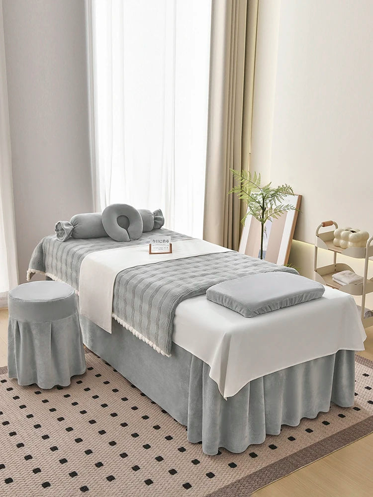 Juego de cama gruesa de terciopelo de leche para salón de belleza, falda de cama de Spa para masaje, funda de almohada, funda de taburete y funda nórdica, Sábana de salón para Club, 4 Uds.