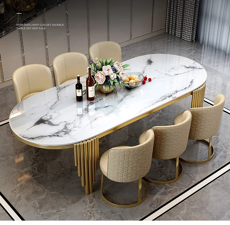 Juego de comedor de acero inoxidable, muebles para el hogar, mesa de comedor de mármol moderna