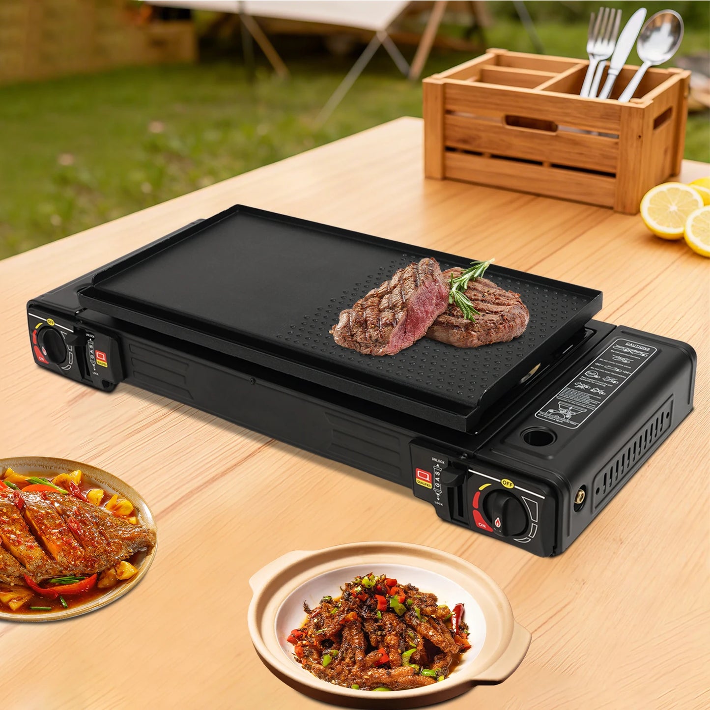 Estufa de Camping portátil de 2 quemadores, estufa de Gas butano/GLP de encendido automático de 2,5 kW con bandeja para hornear + Estuche de transporte para barbacoa pícnic al aire libre RV