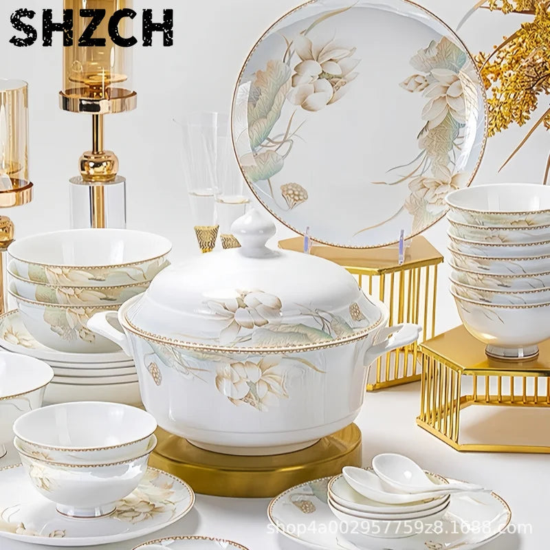 Nuevo juego de vajilla de cerámica estilo chino, juego de regalo para el hogar y eventos empresariales, juego completo de tazones de porcelana fina.