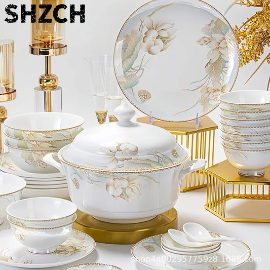 Nuevo juego de vajilla de cerámica estilo chino, juego de regalo para el hogar y eventos empresariales, juego completo de tazones de porcelana fina.