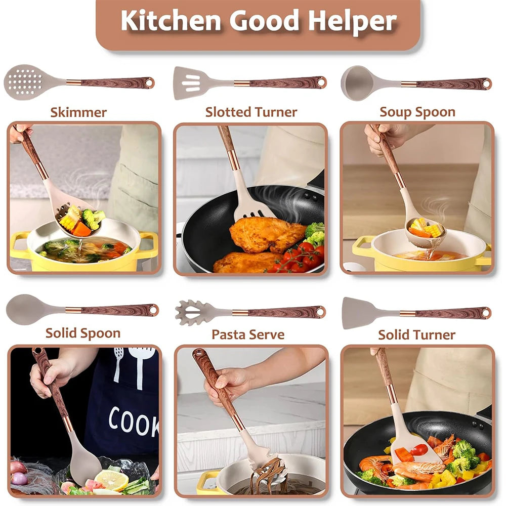 LMETJMA Juego de utensilios de cocina de silicona, 10 Uds., utensilio de cocina con soporte para utensilios, asas de patrón de madera, utensilios de cocina antiadherentes JT264
